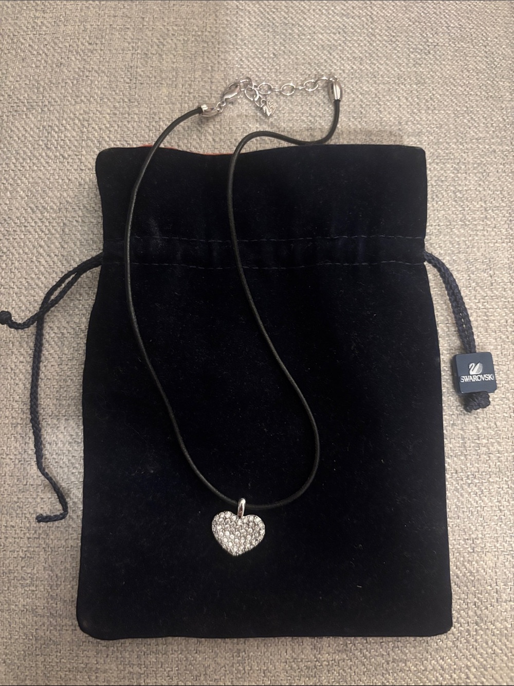 Swarovski Silver Crystal Heart Pendant on Black Cord
